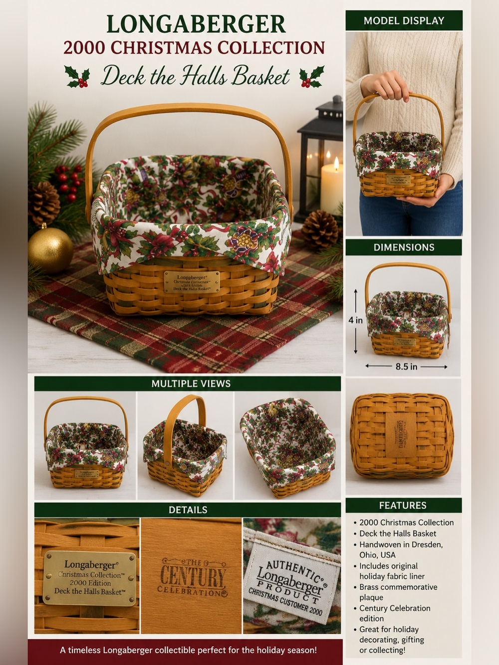 Longaberger 2000 Christmas Collection Deck The Halls Basket Century Celebration